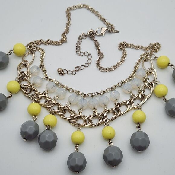 Y2K Statement Bib Layered Necklace Gray Yellow Opalescent Bead Maximalist Retro - Picture 7 of 8